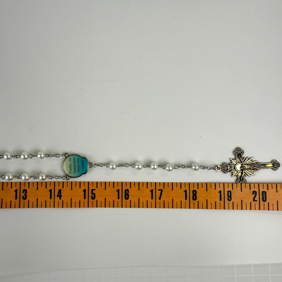 Fatima Rosary Crucifix INRI Jesus Faux Pearl Beads Catholic Christian w/Bag 21" - Picture 9 of 10